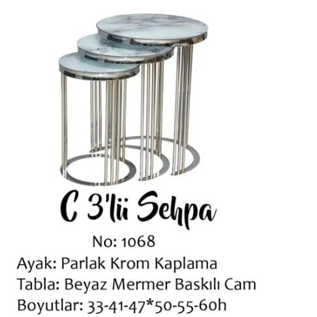 Brc EKO C 13382 Zigon Sehpa 3lü Beyaz Mermer Desen Metal Parlak Krom Ayak El Yapı
