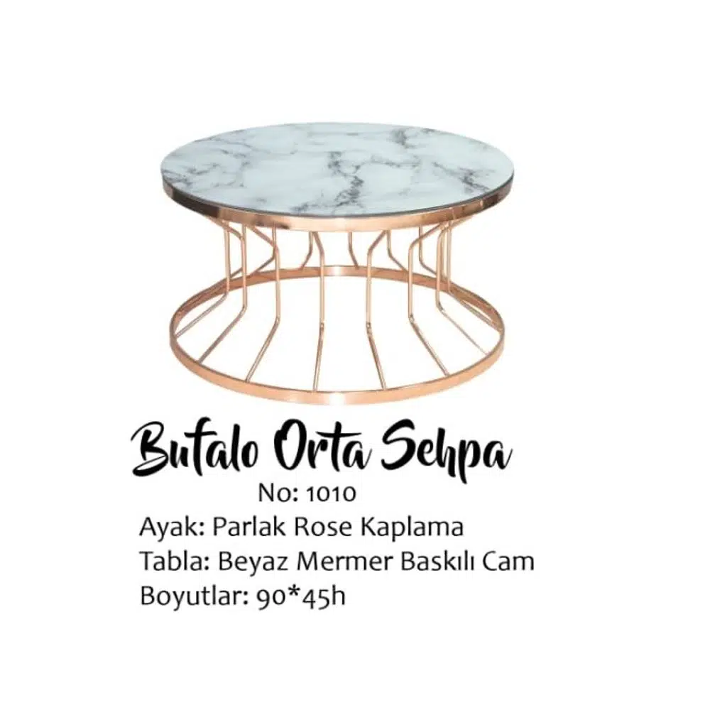 Brc 14053 Orta Sehpa Bufalo Beyaz Mermer TEMPER Cam Rose renk kaplama El Yapım