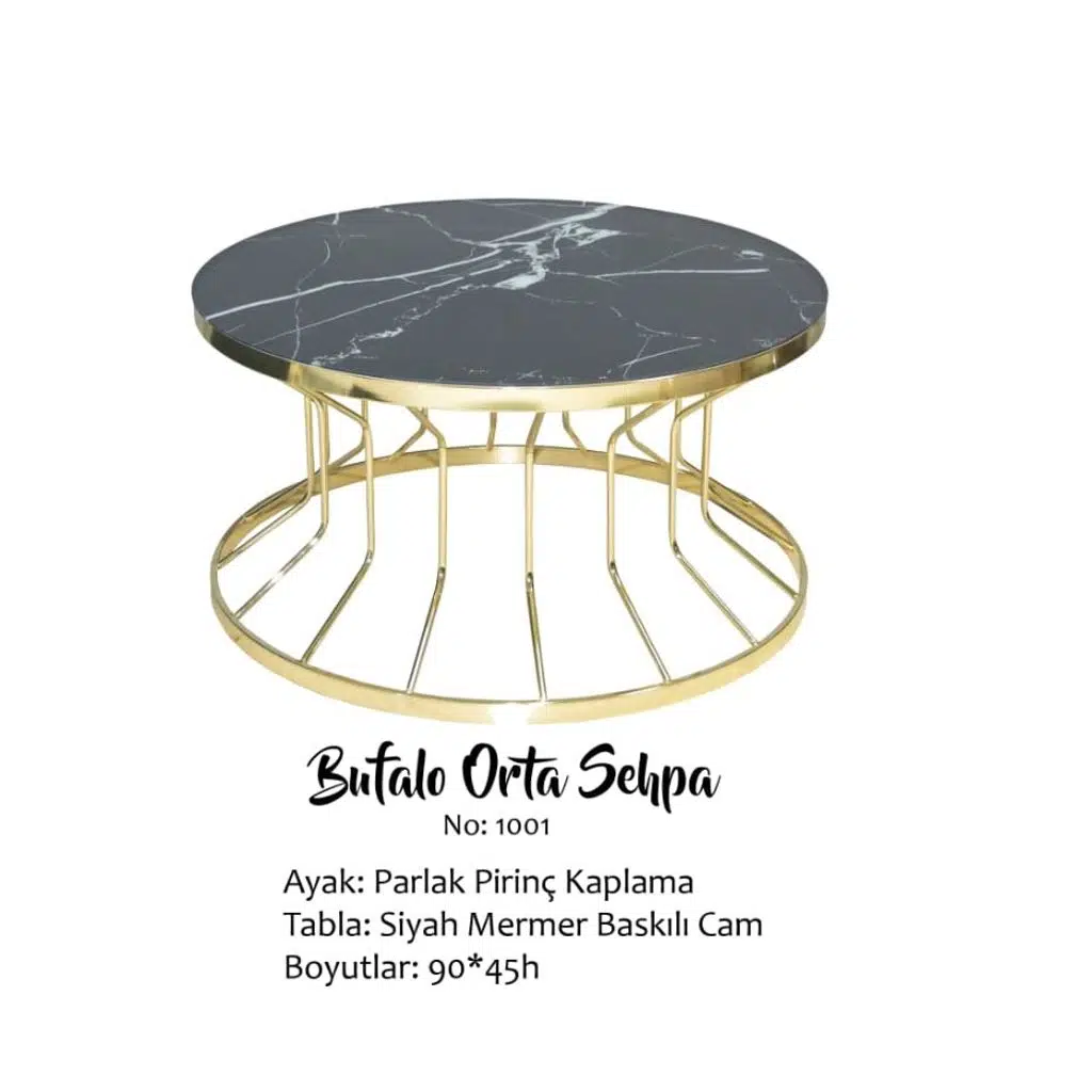 Brc 14051 Orta Sehp Bufalo SİYAH Mermer TEMPER Cam Metal GOLD renk kaplam El yapı