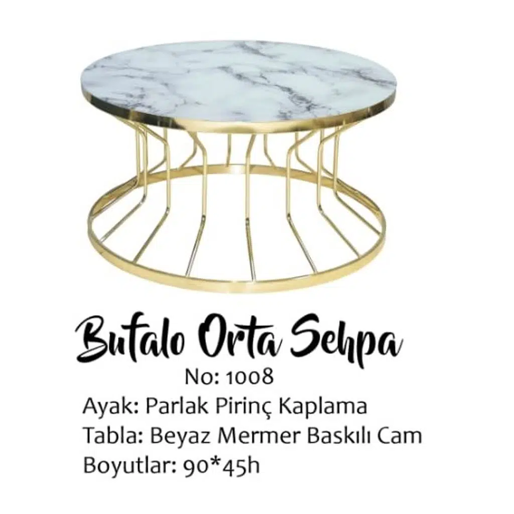 Brc Orta Sehpa 14052 Bufalo MODEL Beyaz Mermer TEMPER Cam Metal çelik GOLD renk kaplama El Yapım