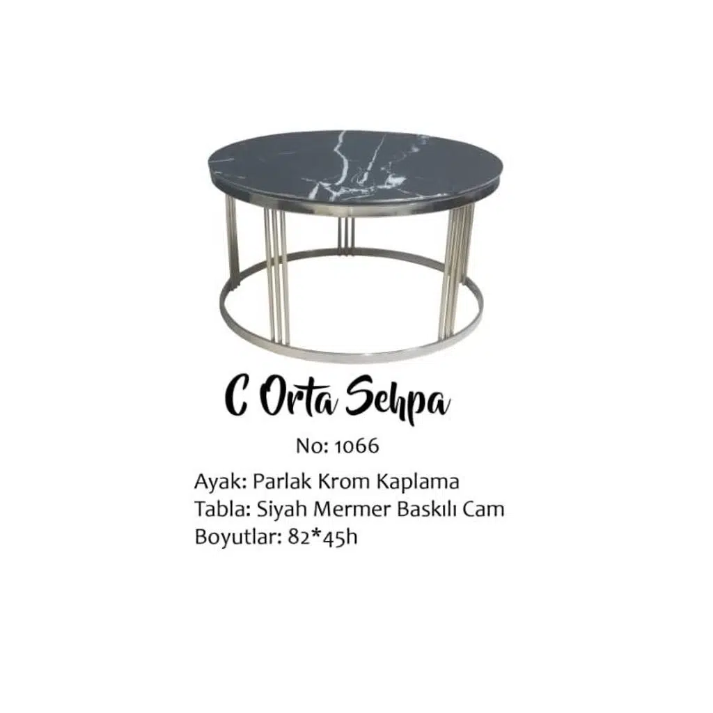 Brc 13350 Orta sehpa C Model SİYAH Mermer TEMPER Cam Metal GÜMÜŞ Renk El yapım