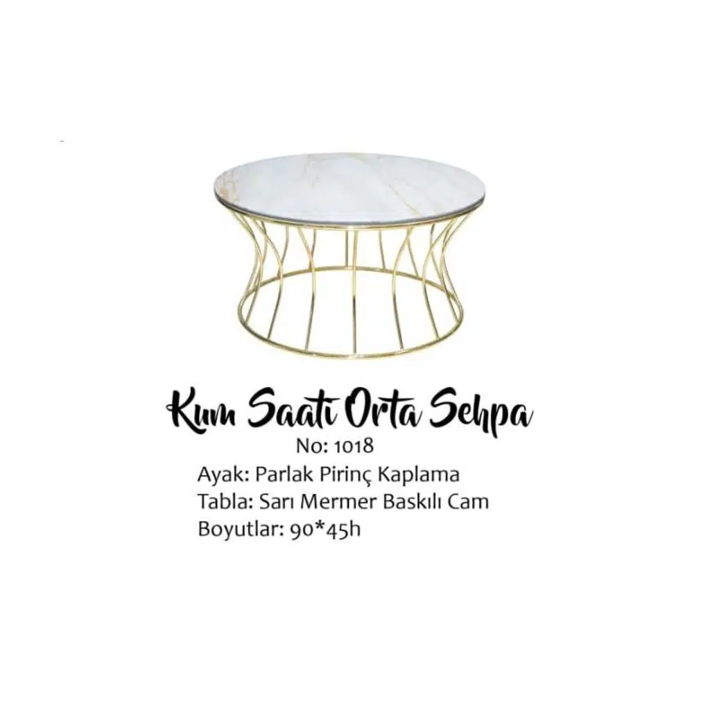 Brc19453 Orta sehpa KUM SAATİ sarı mermer TEMPER Cam Metal Gold Kaplama El Yapım