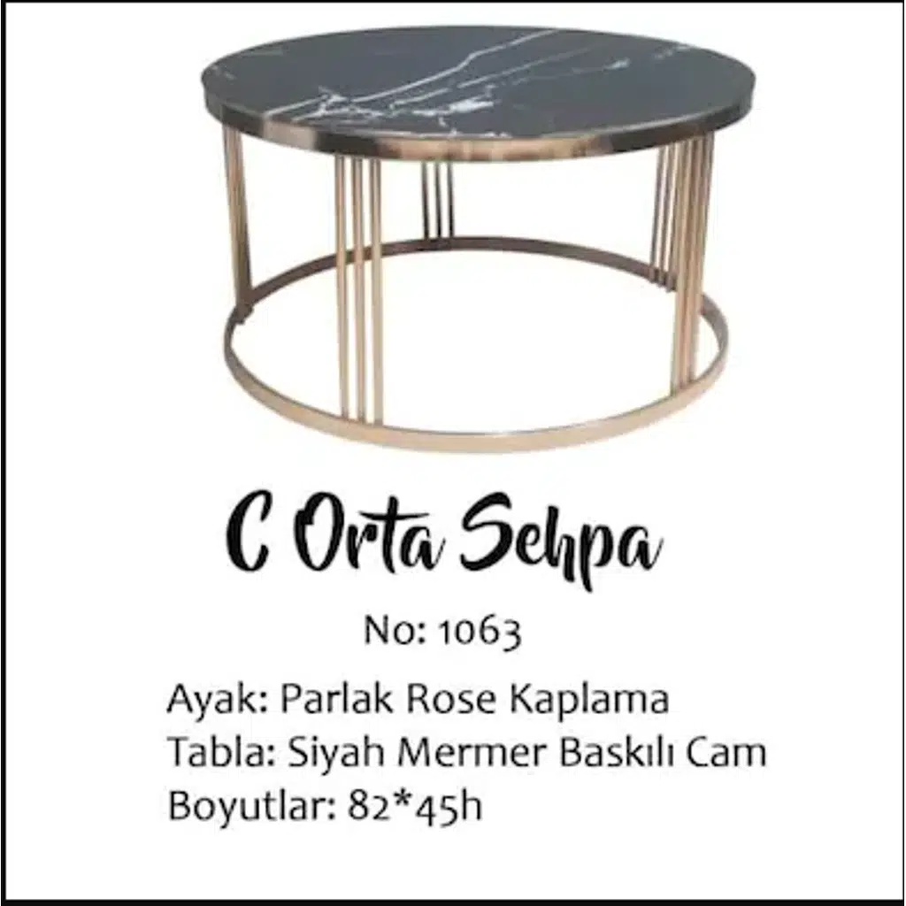Brc 19454 Orta Sehpa C Siyah Mermer Temper Cam Metal ROSE Kaplama Ayak El Yapım