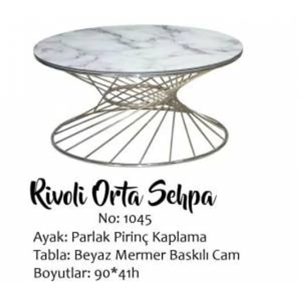 Brc19456 Orta Sehpa RiVOLİ Beyaz Mermer Desen Cam Metal Altın renk Kaplama Ayak