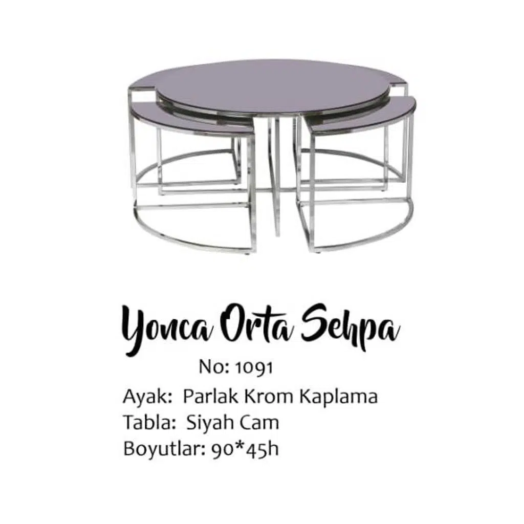 Brc YONCA 17548 Zigon-Orta Sehpa Düz Siyah Temper Cam Metal gümüş renk Kaplama 