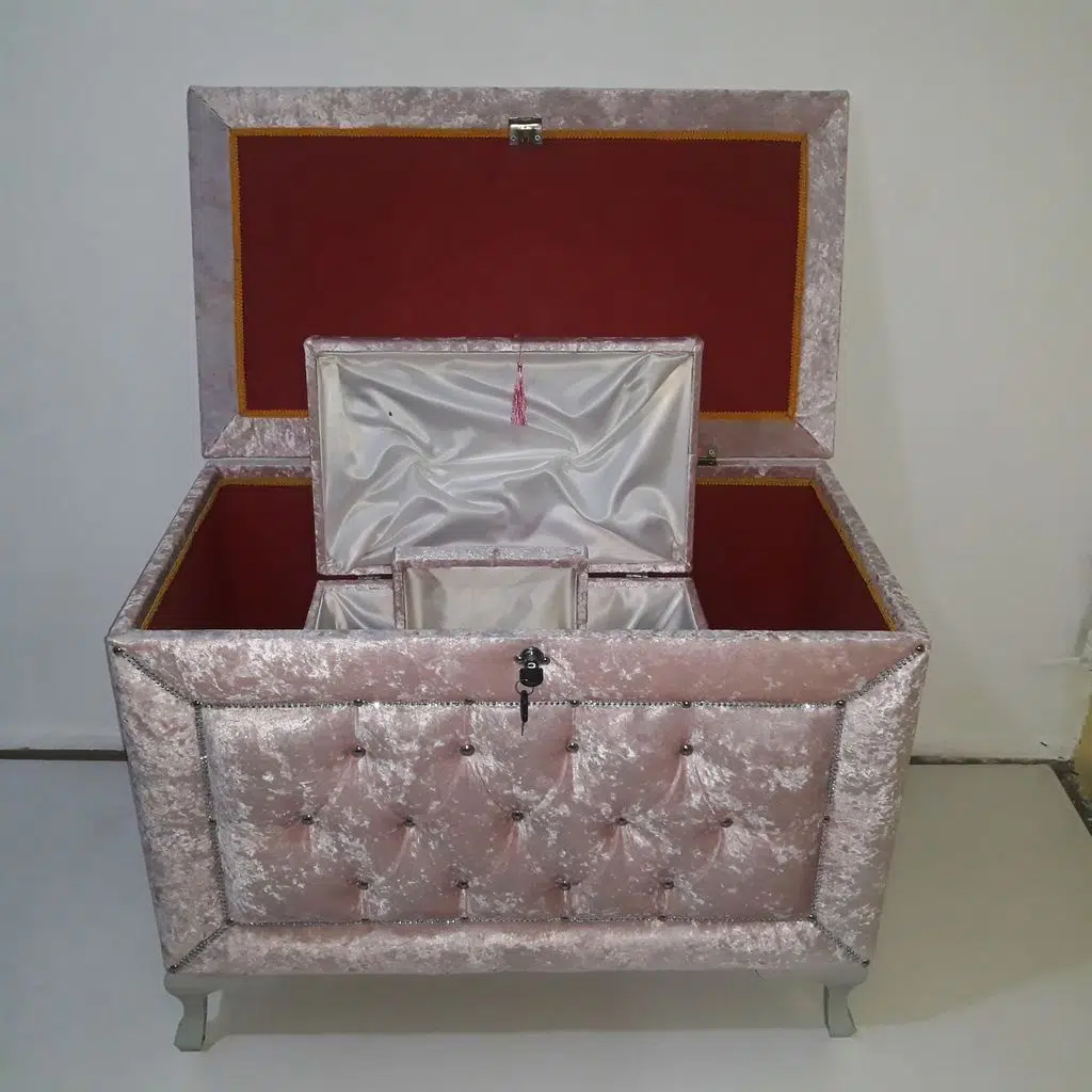 Çeyiz 12353 SANDIK Kapitone Büyük 3lü Model PEMBE Kadife Kumaş İçi tela El Yapım