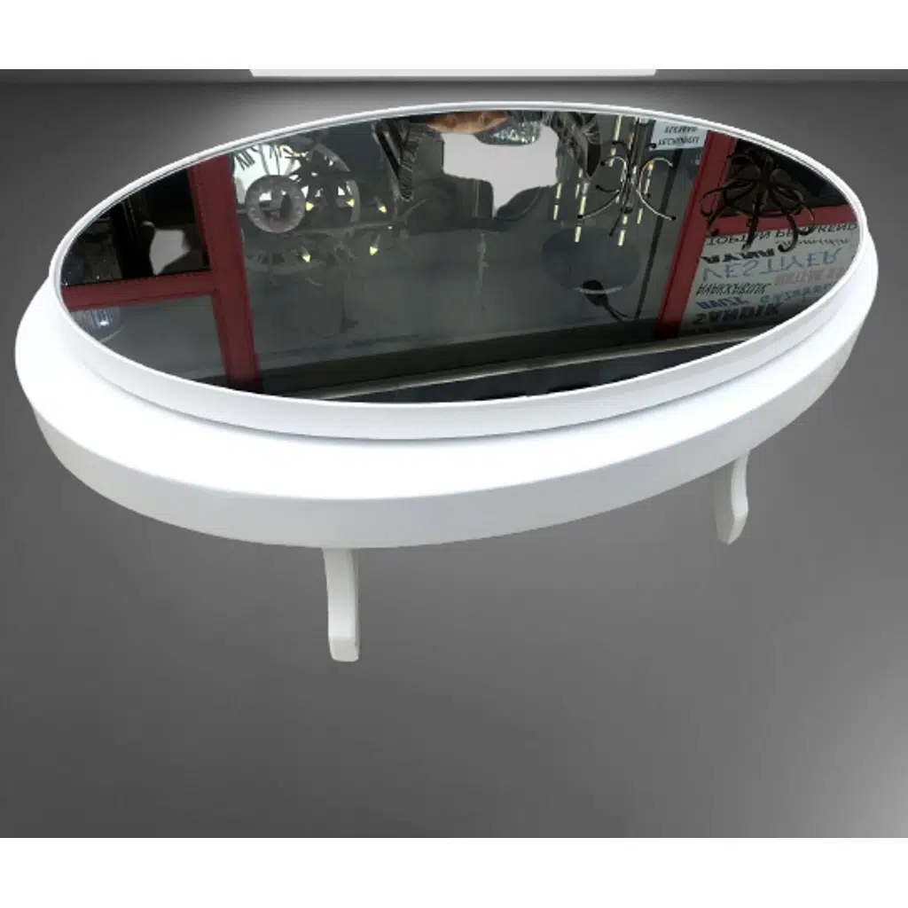  Orta sehpa 18036 Döner OVAL İNOVATİF Kayın Ayak Şık MDF-cam Tabla Parlak Beyaz