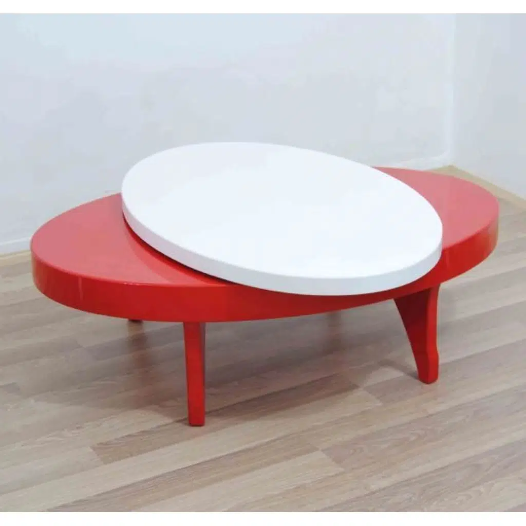 Orta sehpa 17780 Döner OVAL Kayın Retro Ayak Mdf Tabla Beyaz Kırmızı El Yapım