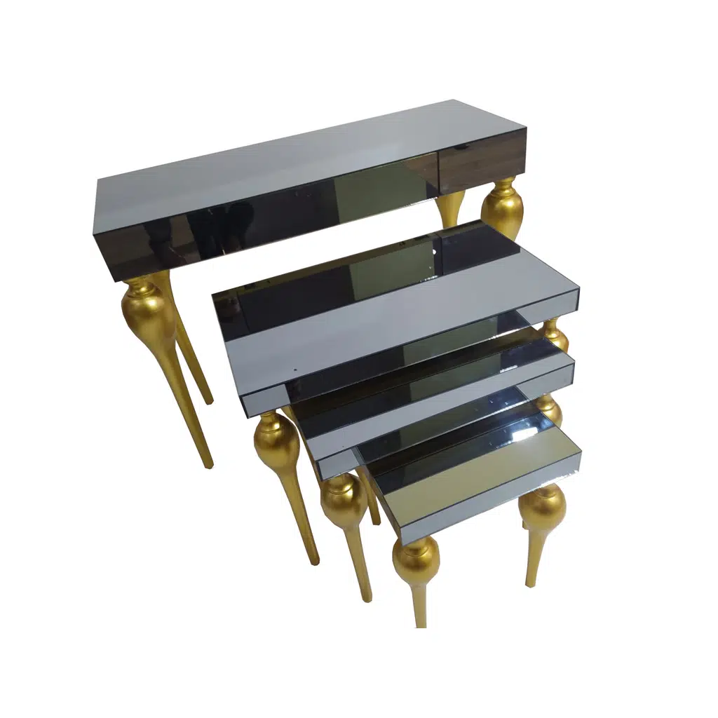 Dresuar-Zigon 18216 Tombul ayak Model Kayın MDF tabla Parlak gold Füme cam kaplam