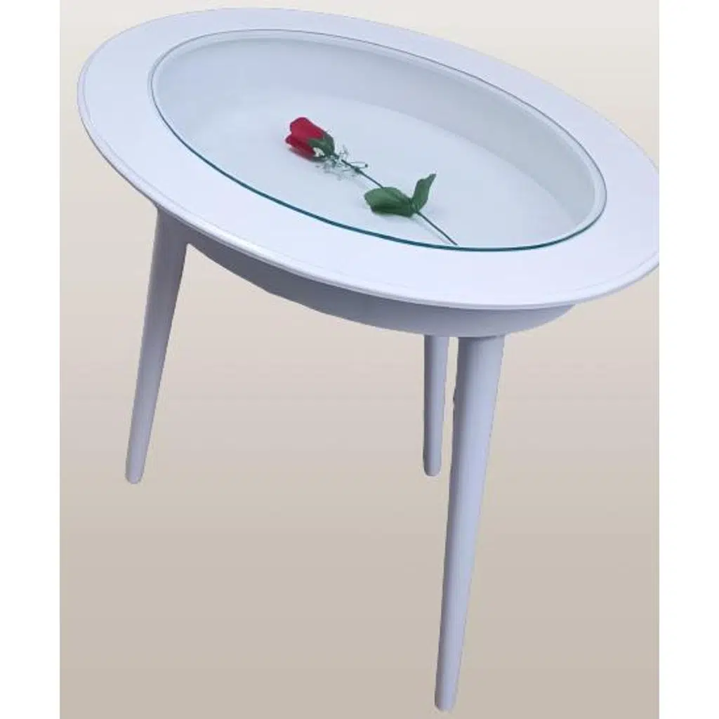 Hobi ADN 90269 Dekoratif Sehpa Rölyef Camlı Ahşap MDF Beyaz Lake Boya El Yapım