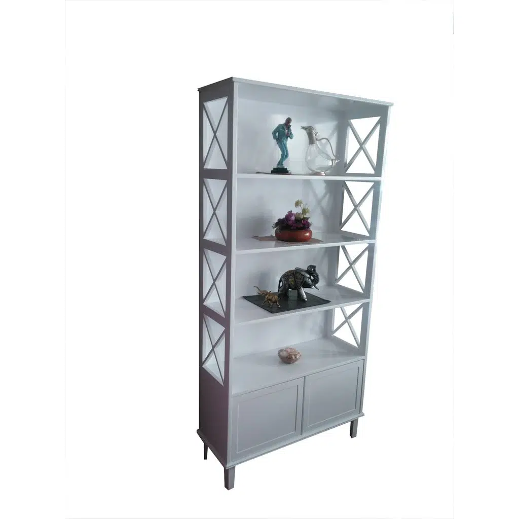 Kitaplık 18057 ÇAPRAZ Yan Model Kayın MDF Torna Alt Kapak raf Parlak Beyaz Lake