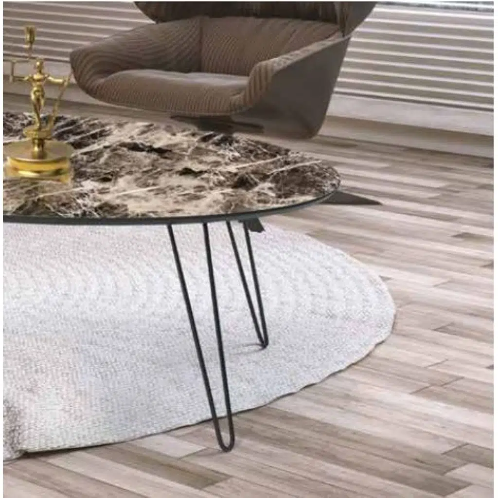 Orta sehpa 117800 OVAL Model Metal V Ayak Parlak Ceviz Tabla Kutuda sevk El yapım