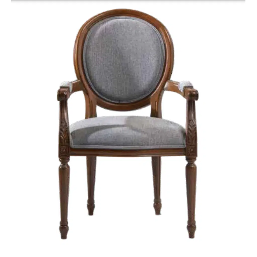 Sandalye 19773 Zus 2150 Model kolçak oyma Madalyon Model Gri Kumaş Ceviz El yapı