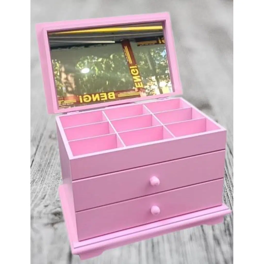 Hobi ERDL Takı Şifonyer 90390 Makyaj Kutu 2Çekmc Ayna Parlak Pembe Lake Ahşp MDF 
