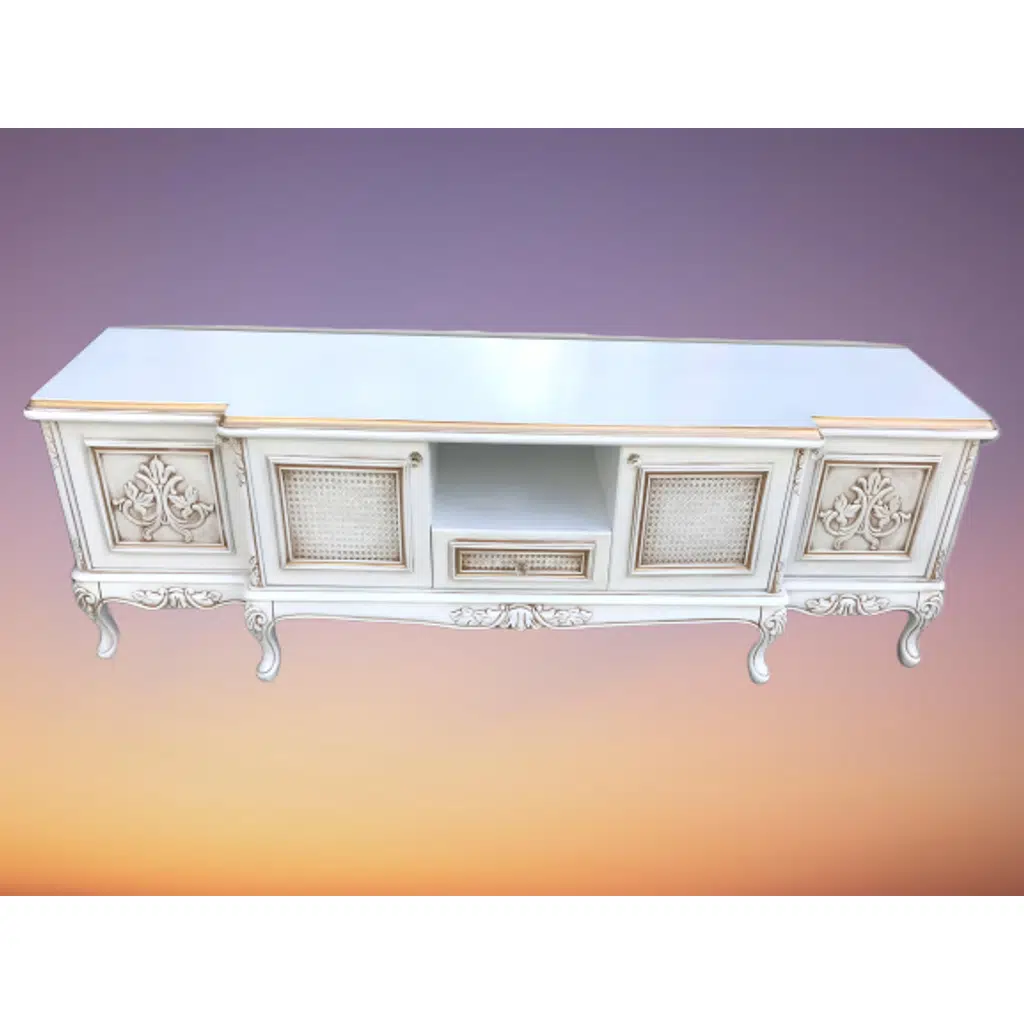 TV Sehpa ST 17694 Lüx Klasik Model Kayın ASLAN Ayak Oyma Hasır Gölge Beyaz Elyapı
