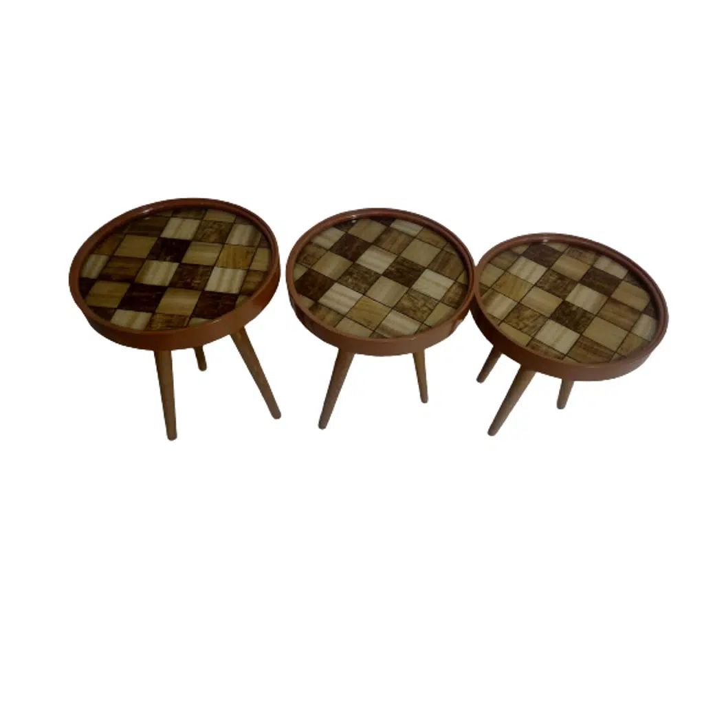 Zigon 19625Sehpa Çember DAMALI Model Kayın Retro Ceviz 3 Ayak Üstü Cam El Yapım