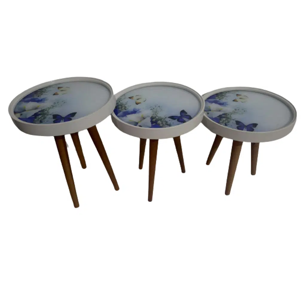 Zigon 19627 Sehpa Çember MAVİ KELEBEK Model Kayın Retro 3 Ayak Üstü Cam El Yapım