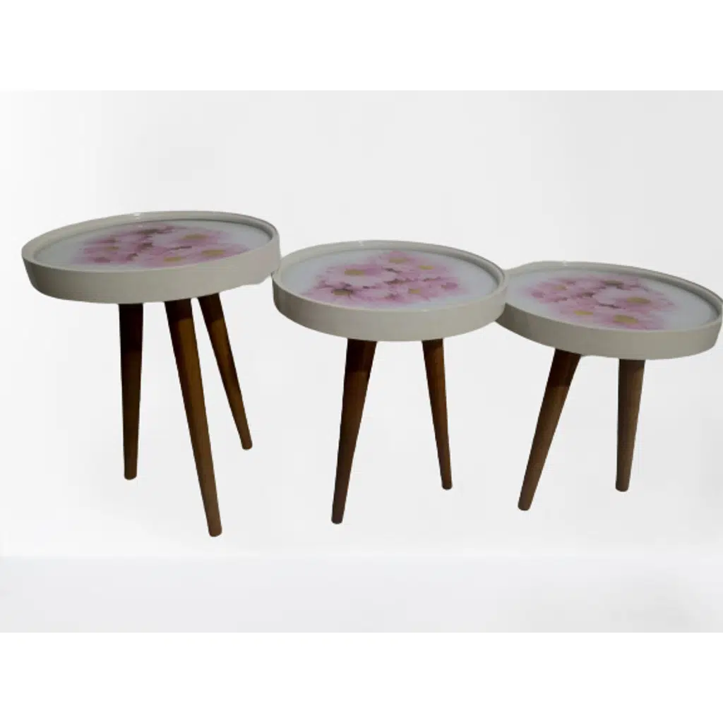 Zigon19628 Sehpa Çember PEMBE KARANFİL Model Kayın Retro Ceviz 3 Ayak Üstü Cam