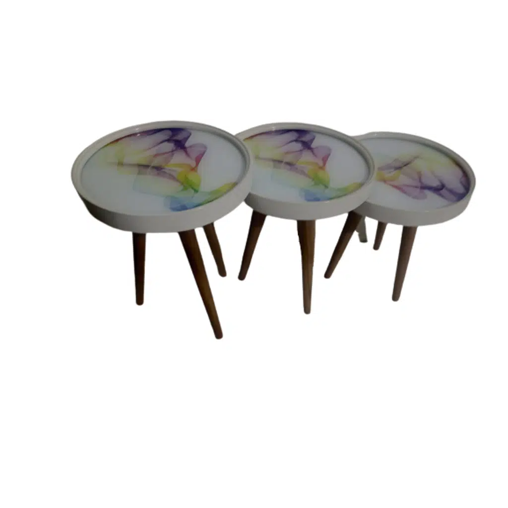 Zigon 19629 Sehpa Çember RENKLİ DALGA Model Kayın Retro Parlk Ceviz 3Ayk Üstü Cam